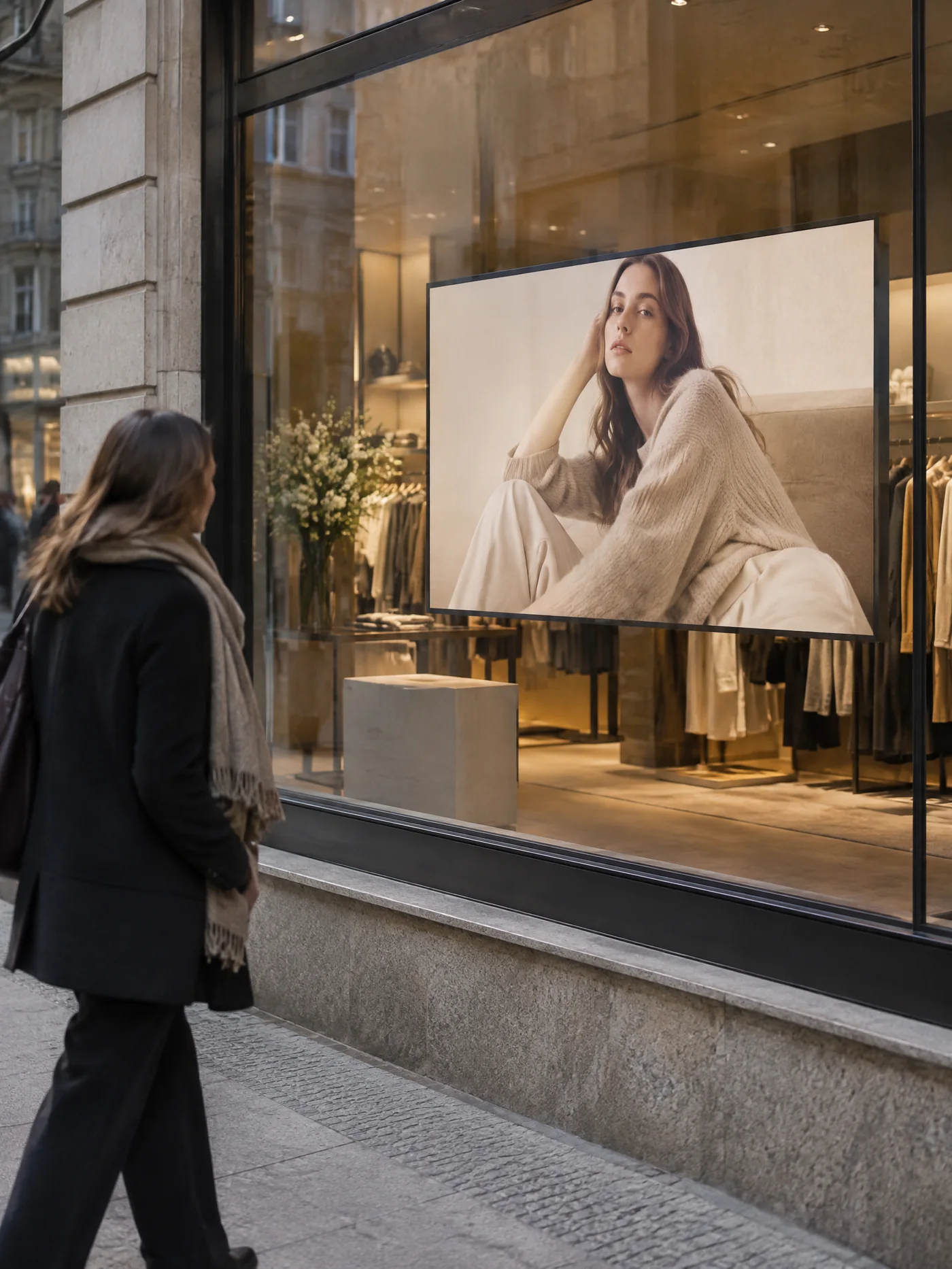 Woman walking past a shop window where a large screen shows a model in a cream knit, the store lit behind the glass