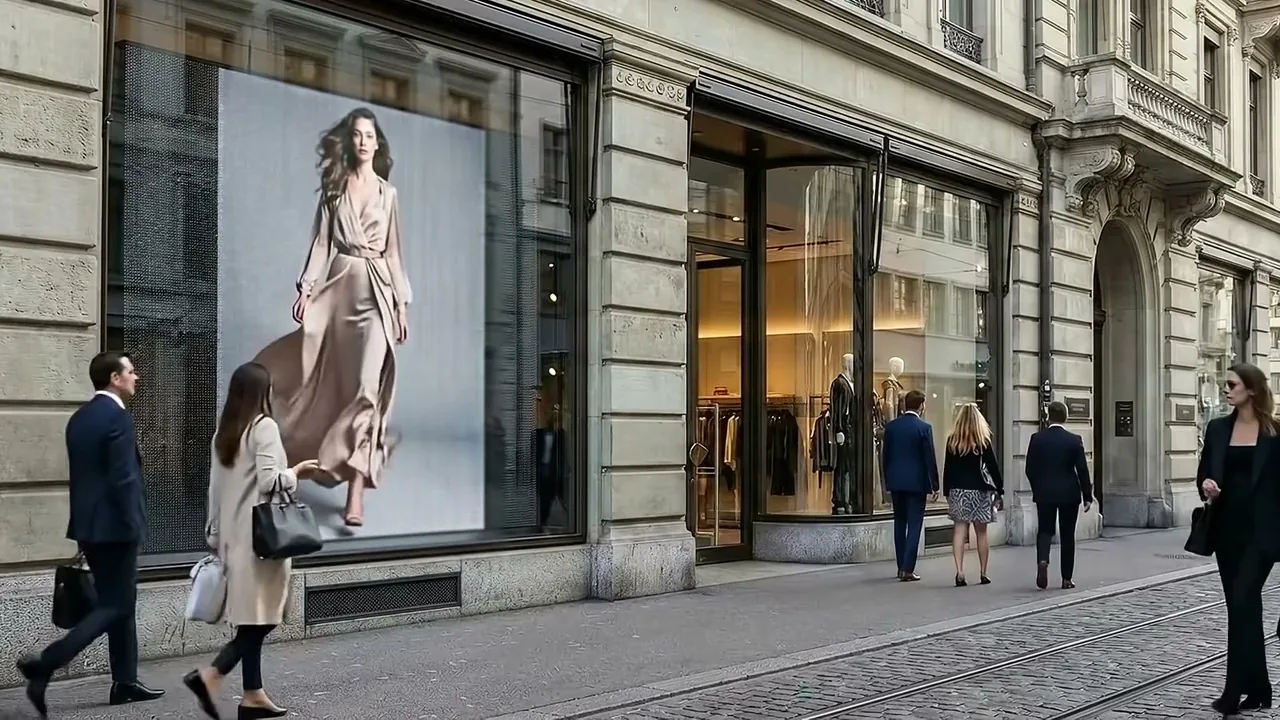 LED screen filling a shop window on a city street, a model in a long dress on screen, people walking past