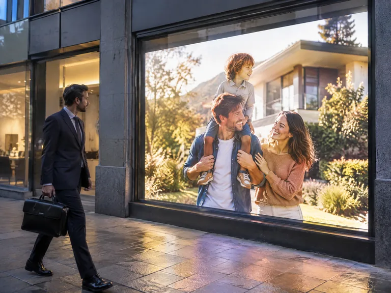 LED wall in the window of a bank branch in the early evening, a man walking past