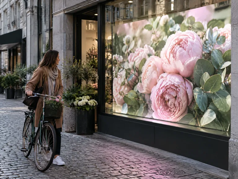 LED wall in the window of a florist, a woman with a bicycle looking at it