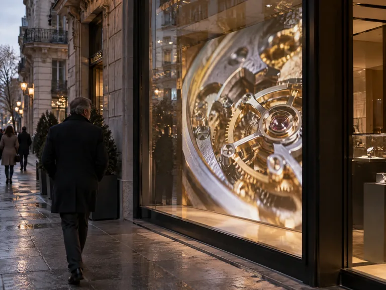 LED wall in the window of a watchmaker at dusk, showing a watch movement