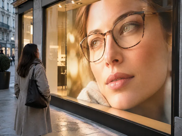 LED wall in the window of an optician showing a close-up of a face wearing glasses