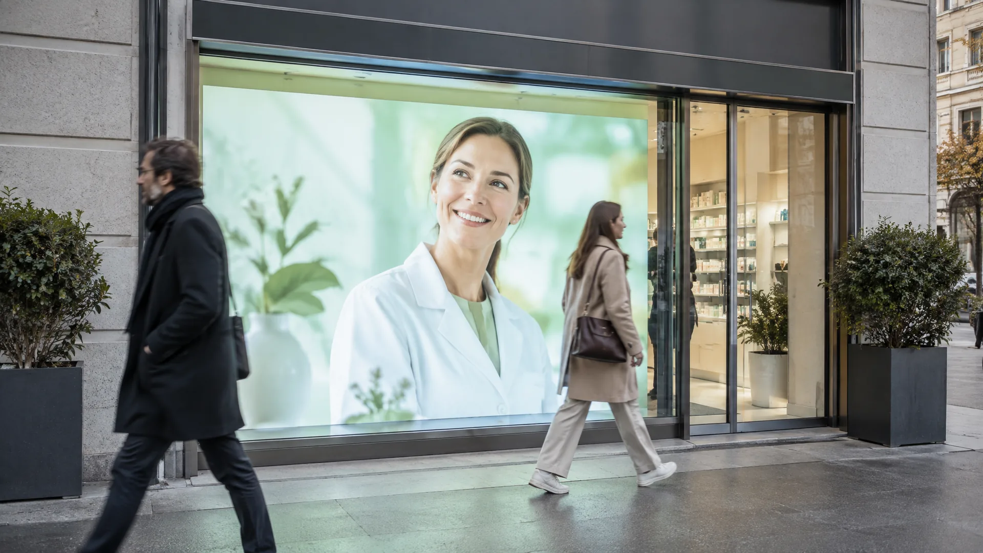 LED wall filling the window of a pharmacy in daylight, two people walking past